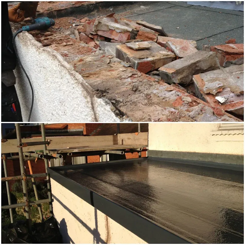 Before and after: an old flat roof stripped back with the brick upstand broken out, then the same roof finished with a new dark grey covering and edge trims